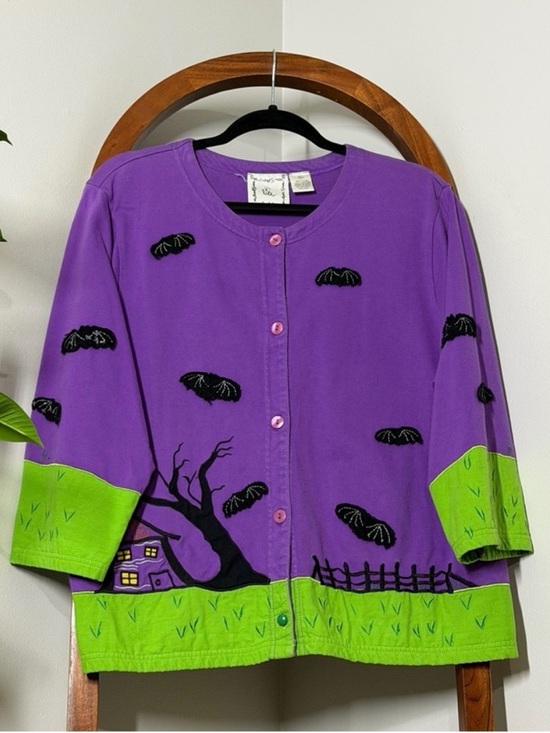 Michael Simon Sweaters - Vintage Michael Simon XL Purple Green Embroidered Halloween Bat Cardigan Sweater
